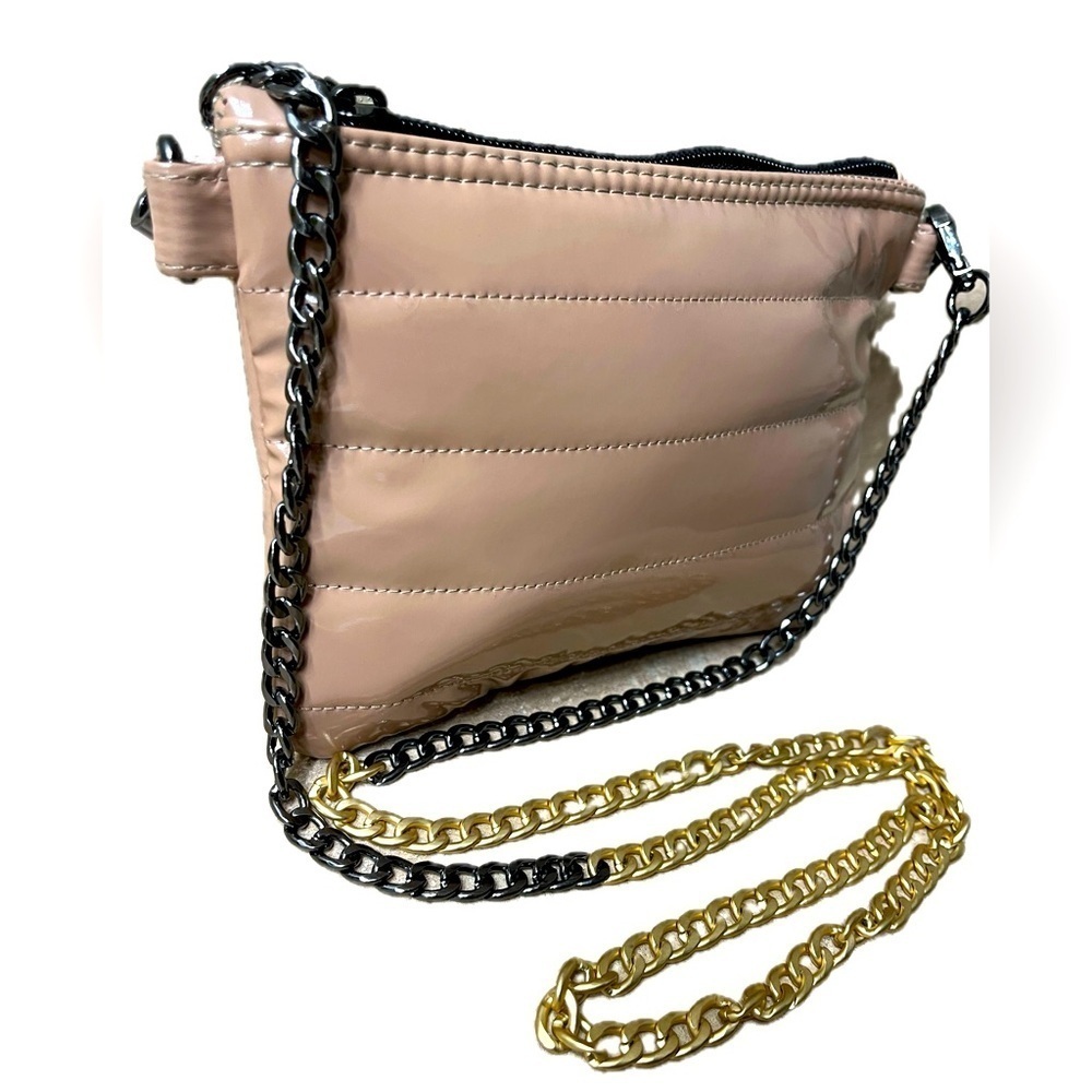 THINK ROYLN Glossy Crossbody Faux Leather, Gunmetal & Matte Gold Chain